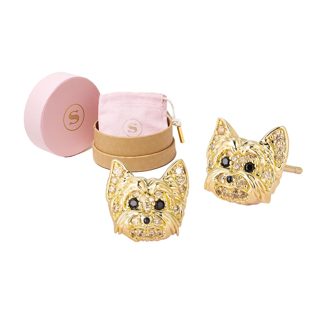 SCAMPER & CODog Breed Cubic Zirconia Puppy Design Stud Earrings for Women - Genuine Gemstone Sterling Silver Earrings, Premium Real 18K Yellow Gold or Gunmetal Plating Jewelry Gift for Dog Lovers