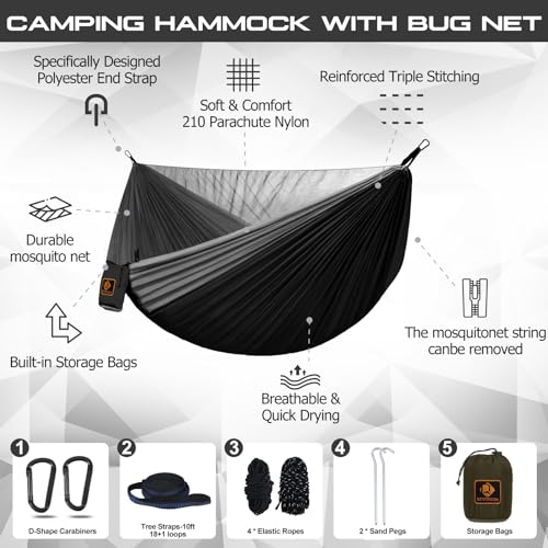 Camping-Hammock-Portable-Hammocks-with-Mosquito-NetLightweight-Nylon-Parachute-Hammock-with-10ft-Tree-StrapsCamping-Gear-Must-Haves-for-Travel-Hiking-Backpacking-Beach-Patio-BlackGrey