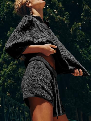 Image of Tankaneo Womens Sweater Set 2 Piece Outfits Oversized 3 /4 Sleeve V Neck Knit Tops High Waisted Shorts Lounge Sets