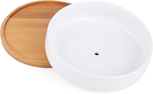 Miniatura 3 de Lawei Paquete de 3 macetas redondas de cactus suculentas de 6 pulgadas con bandeja de bambú de drenaje, maceta de cerámica para jardín