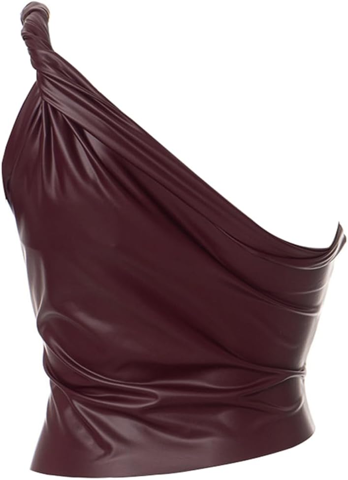 Women's PU Leather Tank Crop Top Mock Neck Sleeveless Asymmetrical Ruched One Shoulder Pleated T-Shirt - Image 4