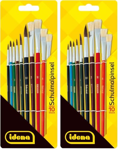 Idena 60103 - Set de pinceaux Scolaires, Set de 10 pinceaux Ronds et 4 pinceaux à Poils, laqués (Lot de 2)