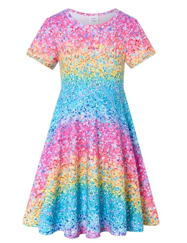 RAISEVERN Dresses for Girls Glitter Rainbow Short Sleeve Kids Dress Size 9