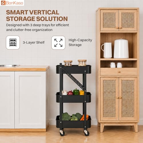 Image of Bonkaso 3 Tier Foldable Utility Cart with Wheels | Heavy-Duty Metal Storage Trolley for Kitchen, Bathroom & Office | Rolling Organizer Rack with 360 Swivel Wheels | 41x30x77 cm (Black)