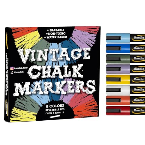 Bandle B. Chalk Markers - 8 Vintage, Erasable, Non-Toxic, Water-Based, Reversible Tips, For Kids and Grown-Ups for Glass or Chalkboard Markers for Businesses, Restaurants (Vintage/Pastel 6mm)