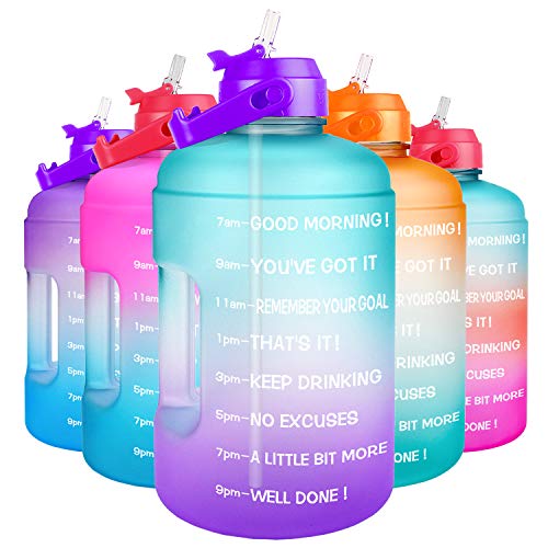 Image of QuiFit 1 Gallon Water Bottle - with Straw & Motivational Time Marker Leak-Proof BPA Free Reusable Gym Sports Outdoor Large(128OZ /73OZ) Capacity Water Jug