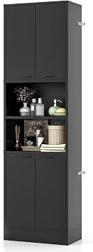 TANGZON 190CM Tall Kitchen Cupboard, 4-Door Storage Cabinet with Enclosed Cabinets, Open Compartments & Anti-tipping Kits, Freestanding Wooden Tall Sideboard for Pantry Dining Living Room Black