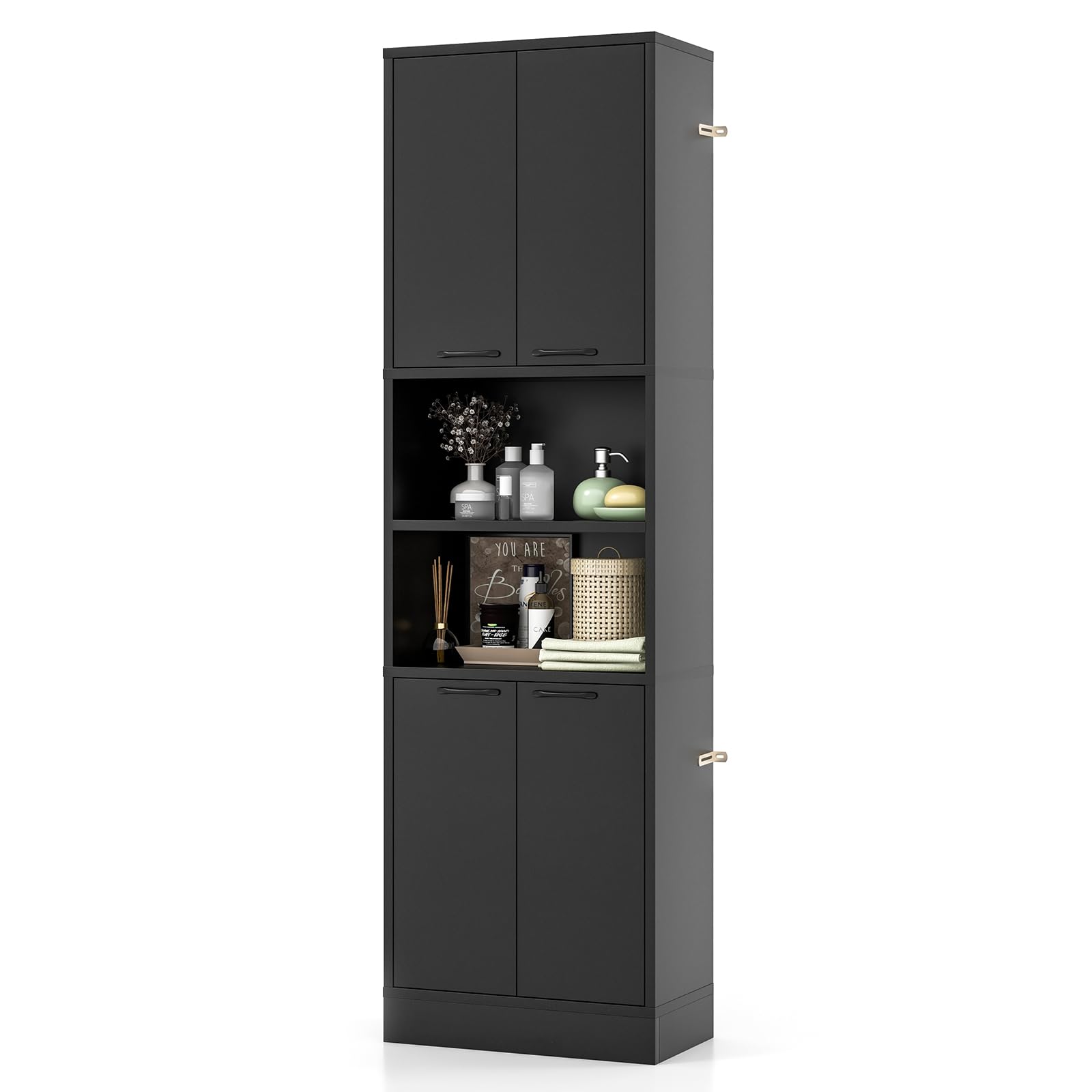 LIFEZEAL Mobile Bagno, Mobiletto Bagno Salvaspazio in Legno, 30x56x190cm, Armadietto Alto con 2 Ripiani Aperti e 4 Ante, Credenza Multiuso da Cucina e Soggiorno, Mobile Dispensa (nero)