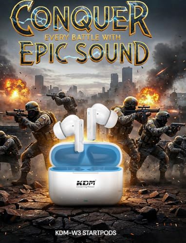 Image of KDM W3 StartPods Bluetooth 5.4 Wireless Earbuds, 30H Total Playtime, 5H Music & 6H Call Time, Low Power IC, 15m Range, Type-C Fast Charging (90 Min), in-Ear Design, Voice Assistant, White