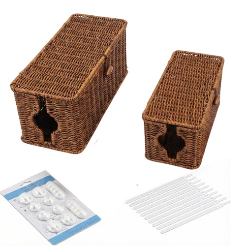 GOVNPJ Wicker Cable Management Box 2 Pack Large & Small Cable Organizer Box Faux Rattan Hand-Woven Desk Organizer with 10 Cord Clips and 10 Ties for Home Office and Charging Station