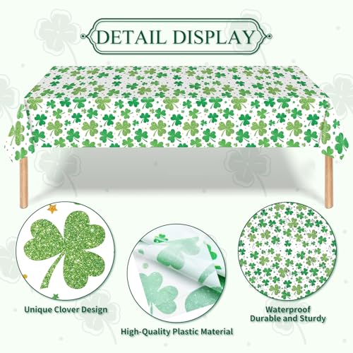 Image of Gistome 3-Piece 54 x 108 Inch St. Patrick's Day Shamrock Plastic Tablecloth - Green Lucky Clover Design Table Cloth, Disposable Rectangle Table Cover for St. Paddy's Day, Irish and Spring Decorations