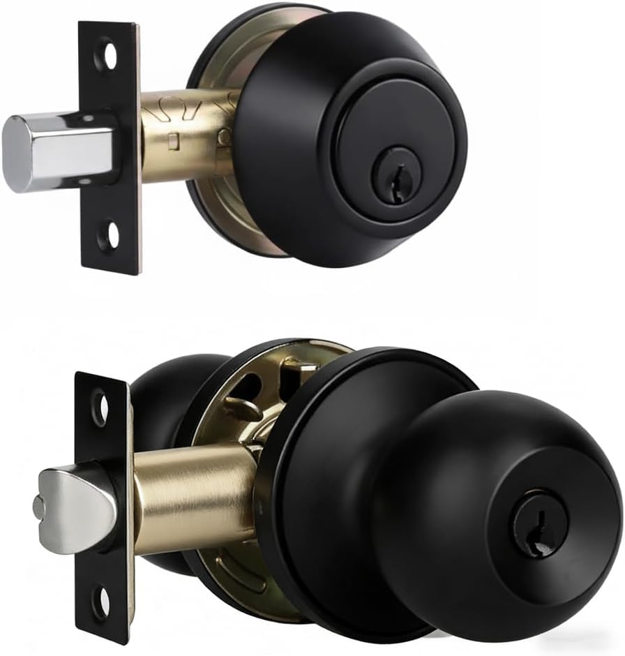 Front Door Lock Set Exterior Door Lock Set with Deadbolt, Single Cylinder Deadbolt Lock and Door Knob Set, Keyed Alike,Matte Black Door Knob and Deadbolt Set(1Pack Set)