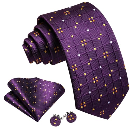 Image of YOHOWA Men Plaid /Striped Ties Set Silk Business Wedding Formal Fashion Necktie and Pocket Square Cufflinks Set