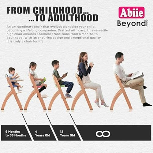 abiie beyond junior wooden high chair with tray - adjustable and convertible high chair for babies and toddlers - 6 months to 250 lb - water resistant - natural wooddove grey cushion