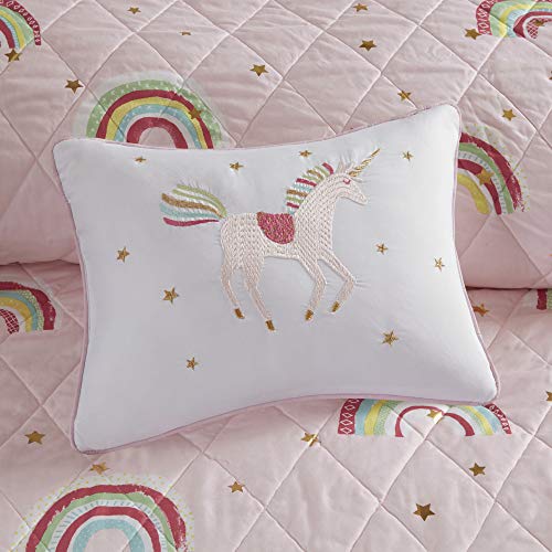 Mi Zone Kids Alicia Kids Coverlet Adorable Rainbow, Metallic Print Stars Design Embroidered Unicorn Toss Pillow Fun All Season Quilt Bedding Set With Matching Sham, Twin, Pink 3 Piece #TOP6