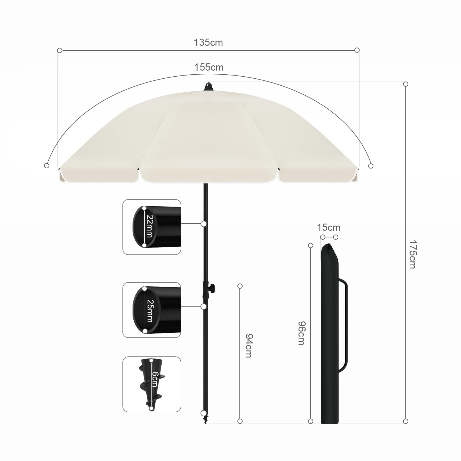 Laneetal Sonnenschirm Strand φ135/155/175 cm, UV-Schutz UPF 50+, höhen- und neigungsverstellbar, tragbar mit Tragetasche, runder Sonnenschirm für Balkon Garten Strand