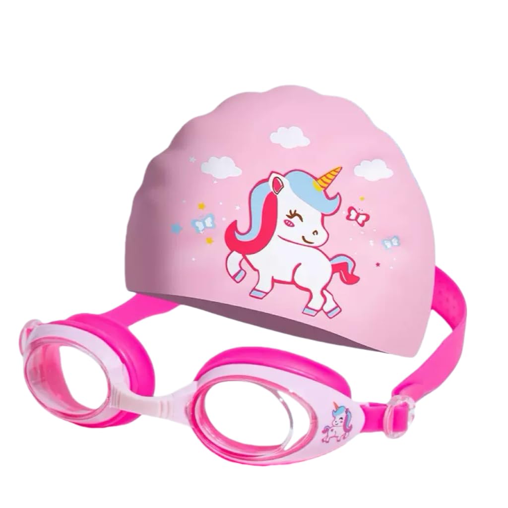 GS Forever Kids Swim Goggles & Silicone Swim Cap Set, Adjustable Anti-Fog UV Protection Pool Goggles + Stretchable Swim Hat, Leak-Proof Children Swimming Gear for Boys Girls Ages 3-12 (Unicorn)
