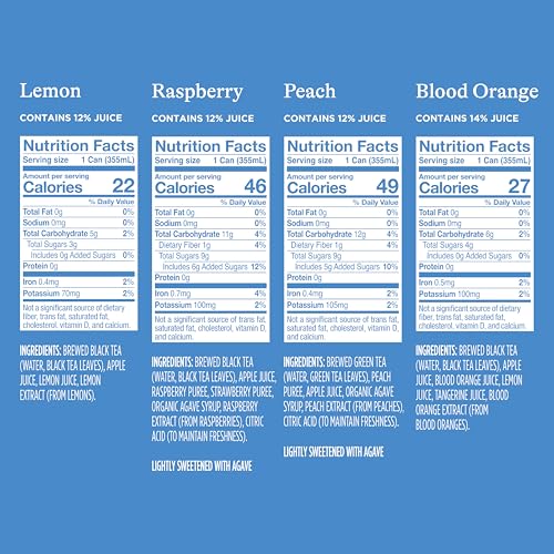 Image of Spindrift Brewed Iced Tea, Variety Pack with Black Tea & Green Tea, Made with Real Squeezed Fruit, No Carbonation, Slightly Sweet, 12 Fl Oz Cans, Pack of 24 (22-49 Calories)