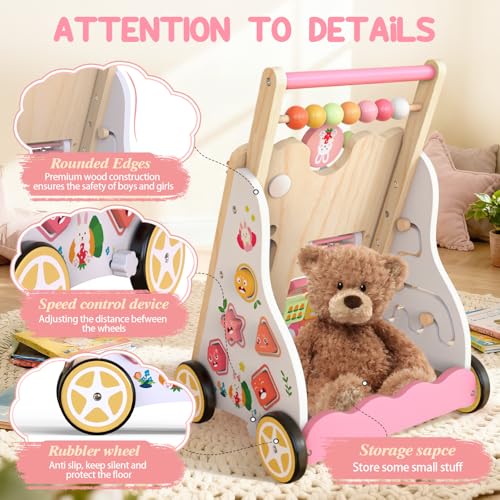 Andador de Madera para Bebé con Ruedas – Baby Juguete Montessori para Aprender a Caminar – Centro de Actividades para Niños y Niñas de 1 Año – Altura y Velocidad Ajustables – bebés +12 (Rosa) - imagen 4