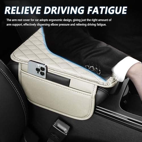Image of Stacool Upgraded Car Center Console Cover,Microfiber Leather Car Armrest Cover Cushion with 2 Storage Bags,Universal Car Armrest Storage Box (Light Beige)