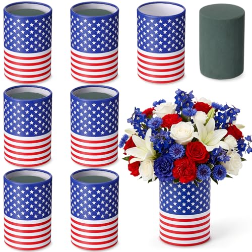 LemonRoad 6 Set Patriotic Table Centerpieces Patriotic Vases with Removable Foam Blocks Red White and Blue Flower Box Cardboard Vases for Flowers Mason Jars Utensil Holder for Home 4th of July