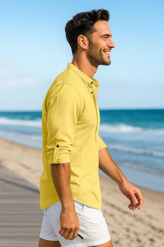 Image of Macsivo Men's Cotton Blend Solid Short Kurta with Mandarin Collared Full Sleeve Drawstring Stylish Straight Length | Kurta for Men Stylish