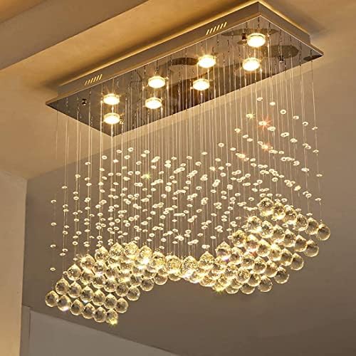 APBEAMLighting Modern Rectangle Crystal Chandelier Dining Room Chandeliers Flush Mount Rectangular Wave Raindrop Ceiling Light Fixture Elegant Romantic Chandeliers for Kitchen Island 8 Lights