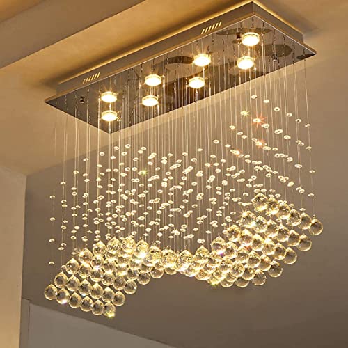 Apbeamlighting Modern Rectangle Crystal Chandelier Dining Room Chandeliers Flush Mount Rectangular Wave Raindrop Ceiling Light Fixture Elegant Romantic Chandeliers For Kitchen Island 8 Lights #TOP1