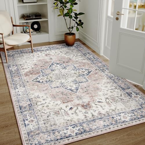 PureCozy Vintage Area Rug 5x7 Beige Washable Living Room Large Carpet Non Slip Bedroom Indoor Office Low Pile Traditional Distressed Retro Accent Rug for Dining Room Bathroom Kitchen 5' x 7'