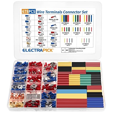 ELECTRAPICK 678Pcs Electrical Connector Kit Including 350Pcs Crimp Connector & 328Pcs Heat Shrink Tube 1/2/3/4/6/8/10/14mm, Spade Ring Fork Piggy Male Female Copper Insulated Wire Connectors Crimp Cover