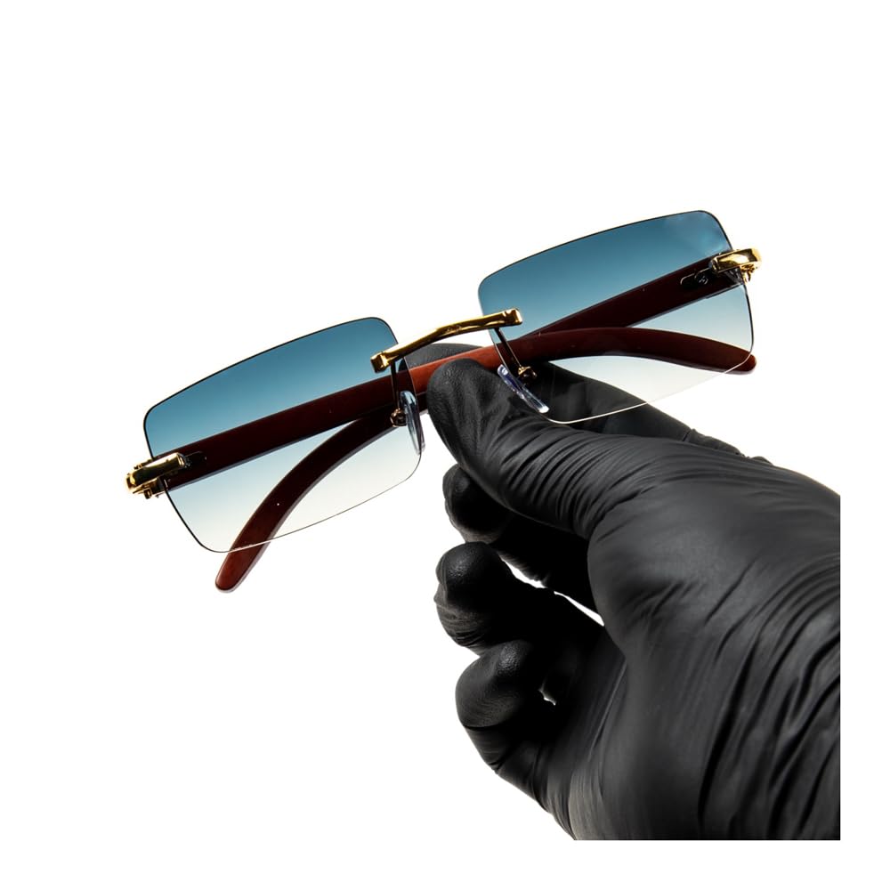 Turquoise Gradient Tint Rimless Men Women Gold Frame Rectangle Sun Glasses Vintage Woodgrain Square Shades 90s Retro Unisex Hip Hop Frameless Stylish Designer Wood Arm Sunglasses