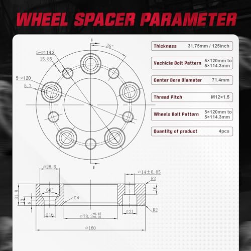 Image of BDFHYK 5x120mm to 5x114.3mm Wheel Bolt Pattern 1.25 inch 5x4.75 to 5x4.5 Convert Wheel Spacer Compatible with Camaro Jimmy Riviera,5 Lug Wheel Adapters M12x1.5 & 74 mm Hub Bore, Set of 4