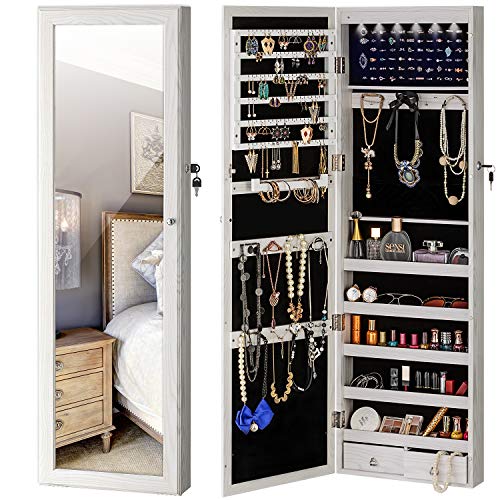 YOKUKINA Jewelry Mirror Armoire Cabinet, Large Storage Organizer w/LED Light, Door-Hanging/Wall-Mounted Lockable, White