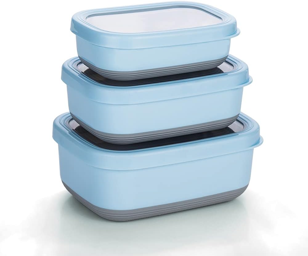 Leak Proof Salad Container Stainless for Lunch - Snack Containers Steel - Ideal for Educational Settings & Daycare - Nesting Trio with Silicone Lids - 47oz+30oz+16oz - Blue