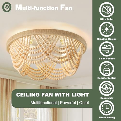 Image of Ceiling Fans with Lights and Remote - Bulbs Included, Caged Fandelier with Handcrafted Beaded Decor 19 Inches Reversible Flush Mount Installation Ceiling Fan, Wood