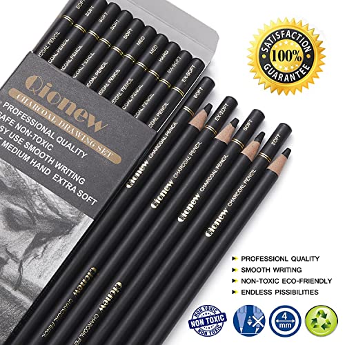 Qionew Professional Charcoal Pencils Drawing Set - 10 Pieces Ex-Soft, Soft, Medium & Hard Charcoal Pencils For Drawing, Sketching, Shading, Ideal Artist Pencils For Beginners & Artists #TOP1