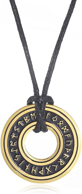 Vintage Norse Viking Runes Necklace, Corsair Runic Elder Futhark Ring Circle Talisman Pendant Leather Chain, Viking Gift Jewelry For Men Women