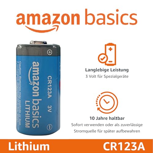 Amazon Basics CR123A Lithium-Batterien, 3 V, 10 Jahre lagerfähig, 10 Stück