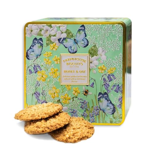 English Garden Honey & Oat Biscuits in Embossed Tin 250g Crunchy Golden Oat Cookies with Rich Honey Luxury Gift Tin for Christmas and Any Special Occasions Vegetarian