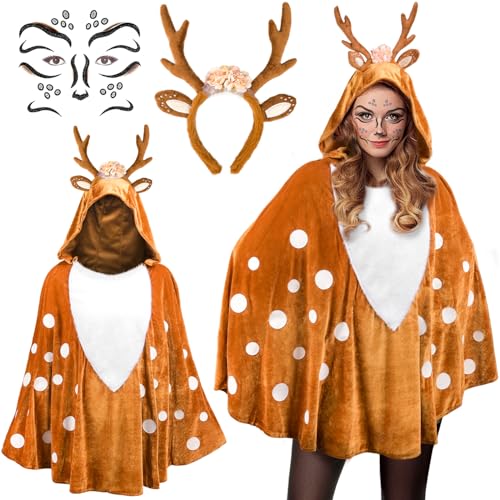 MOVINPE Deer Poncho Reindeer Costumes Accessory Set for Women – 3 Piece Holiday & Halloween Outfit with Antler Headband, Hooded Reindeer Cape, Face Tattoos & Gem Stickers