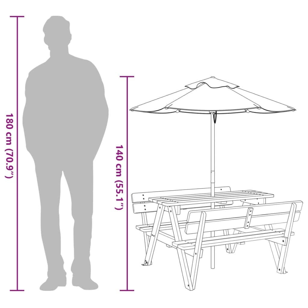 Tavolo da picnic per 4 bambini in legno di abete massiccio con ombrellone, resistente alle intemperie e stabile, ideale per giardino, terrazza, balcone, campeggio e feste, facile da pulire
