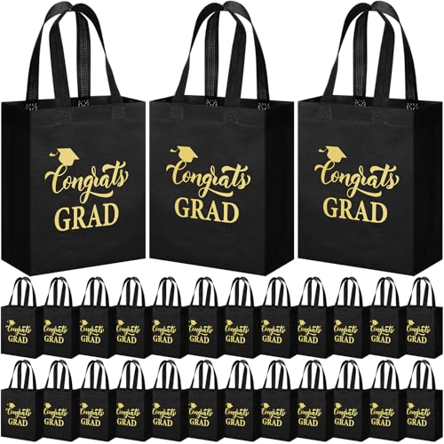 Sweetude 50 Pcs Graduation Gift Bags Bulk with Handles Reusable Congrats Grad Non Woven Tote Bags 10 x 8 x 4 Inches Graduation Party Favors for College High School Supplies(Black Gold)