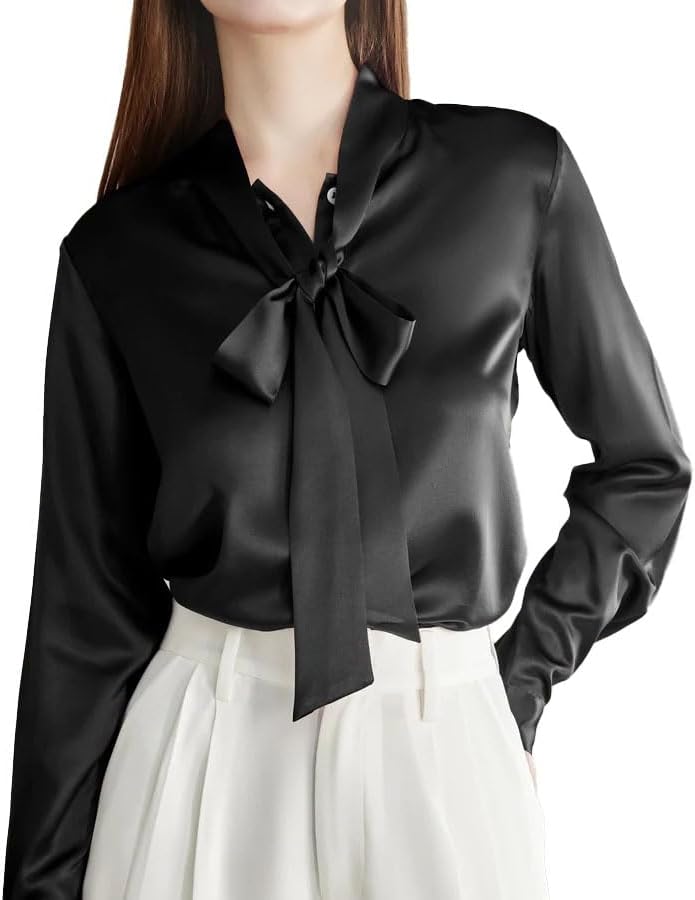 100% 22Momme Charmeuse Silk Elegant Silk Bow Tie Blouse