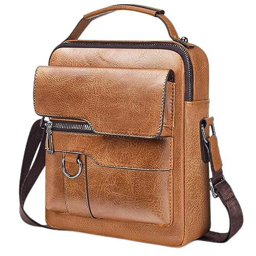 Leather Crossbody Bag for Men, Small Messenger Shoulder Bag for Mens, Travel Man Purse Side Bags PU Leather Satchel for Mens Work Travel Outdoor Hiking, Brown
