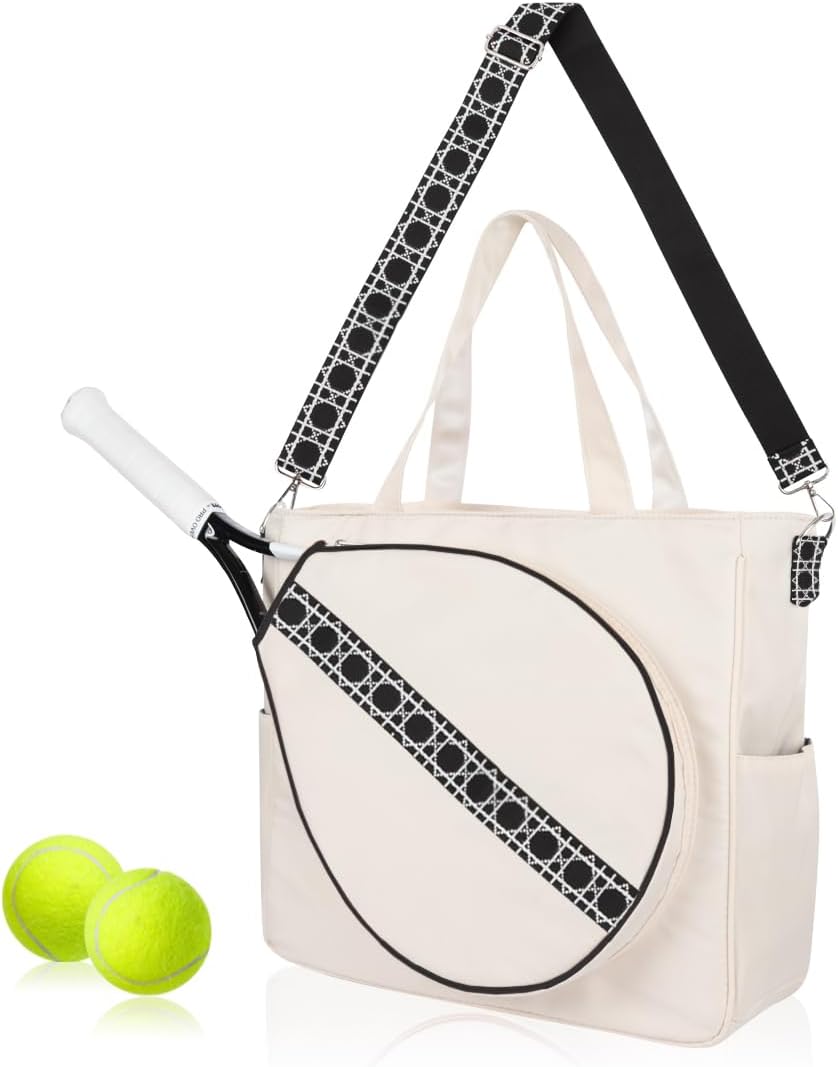 Tennis Bag Racket Tote Sports Racquet - Bags for Women, Unisex Badminton, Squash Case Stripe Shoulder Strap, Pickleball Geometric Black
