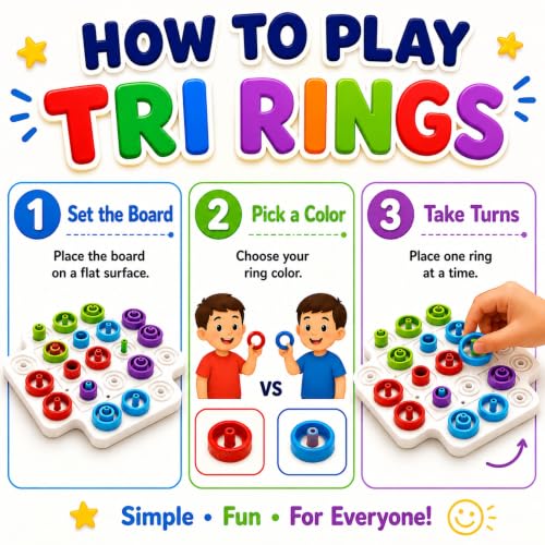 Image of Graphene Tri Rings Strategy Board Game Tic Tac Toe 3 in a Row Ring Puzzle for Kids Interactive 2-4 Players STEM Activity Color Matching Brain Teaser Indoor Outdoor Educational Family Game 8+ Years