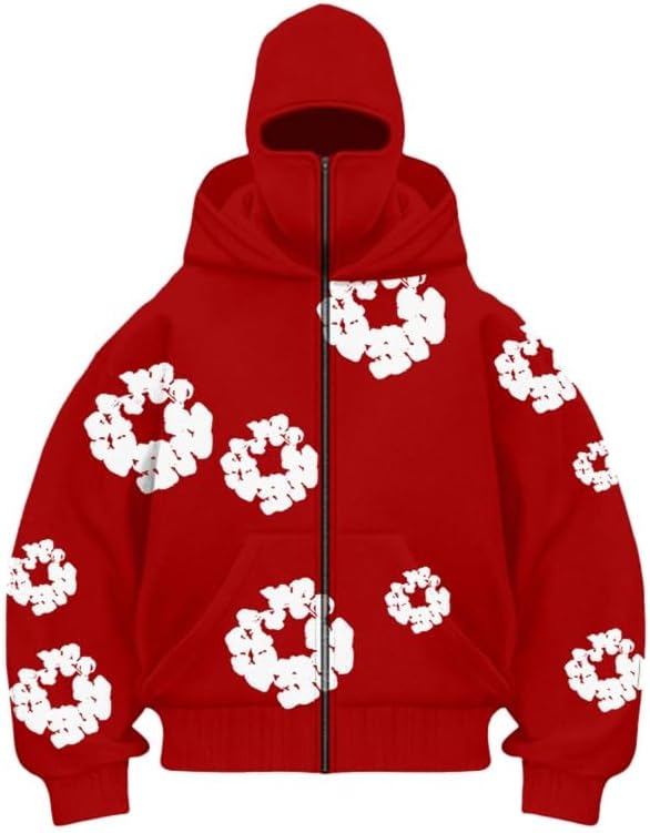 Y2K Men's and Women's Full Zipper Mask Double Hoodie Retro Bubble Printed Hip Hop Street Loose Hoodie Sweatshirt