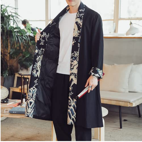 HZCX FASHION Mens Long Kimono Cardigan Open Front Print Cotton Linen Trench Coat3