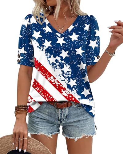 Image of OFEEFAN Womens Tops Short Sleeve Shirts Buttons V Neck Spring Fashion Summer Outfits Plus Size Blouses Dressy Casual