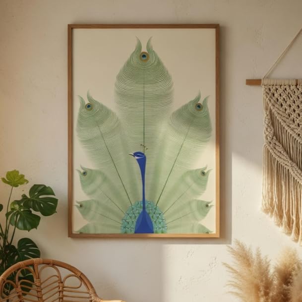 Image of Livin'luxe Peacock Feather Wall Painting with Wooden Color Synthetic Frame | Minimalist Peacock Artwork HD UV Laminated MDF Wall Decor | Elegant Bird Nature Wall Art for Living Room Bedroom Decor